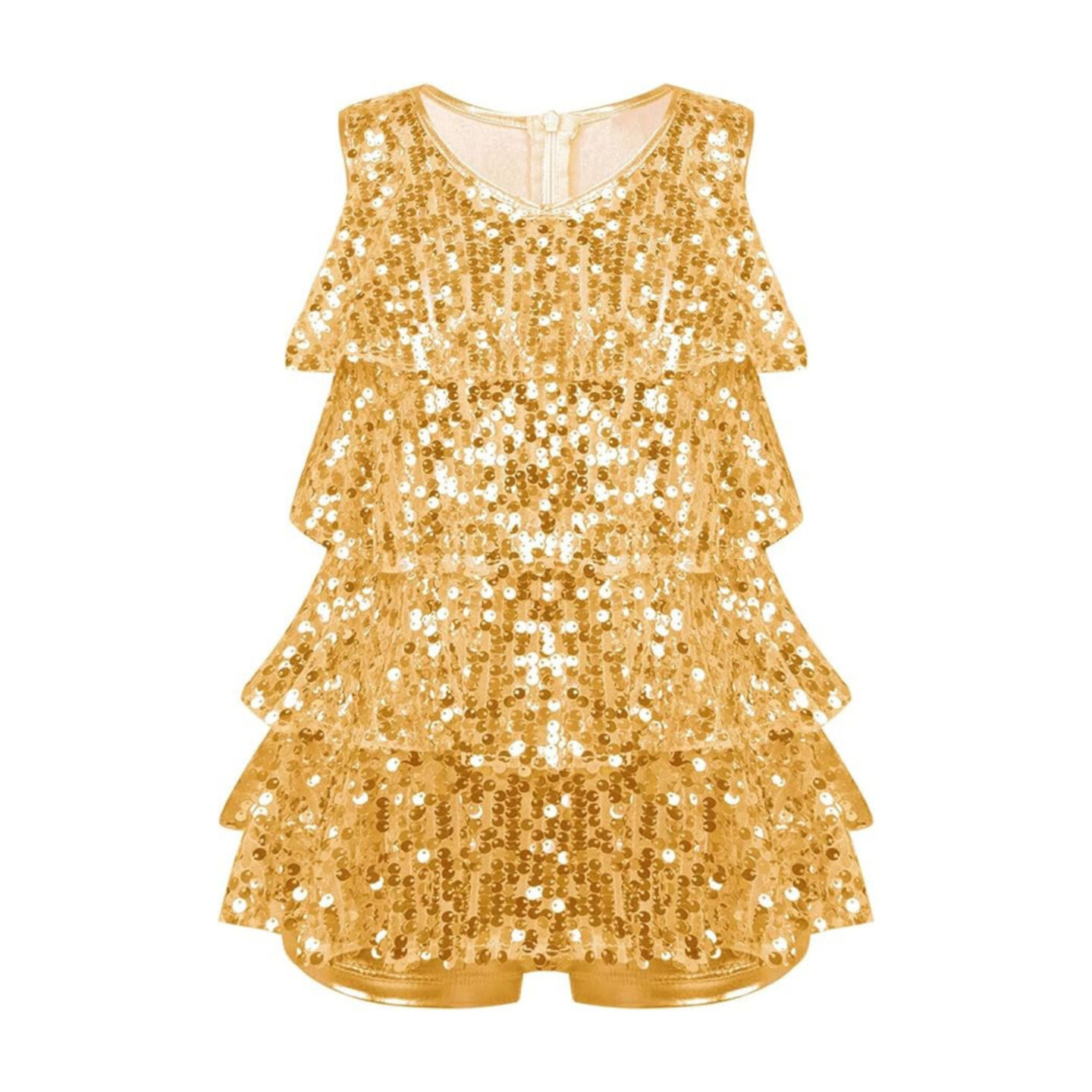 Shimmering gold sequined dress for kids, perfect for recreating Taylor Swift's 'Eras Tour' outfits. The dress features multiple tiers of ruffles, capturing the glitzy and glamorous style reminiscent of Taylor Swift's iconic performance costumes from her 'Fearless' era. Ideal for young fans looking to emulate Taylor's stage presence and sparkle.