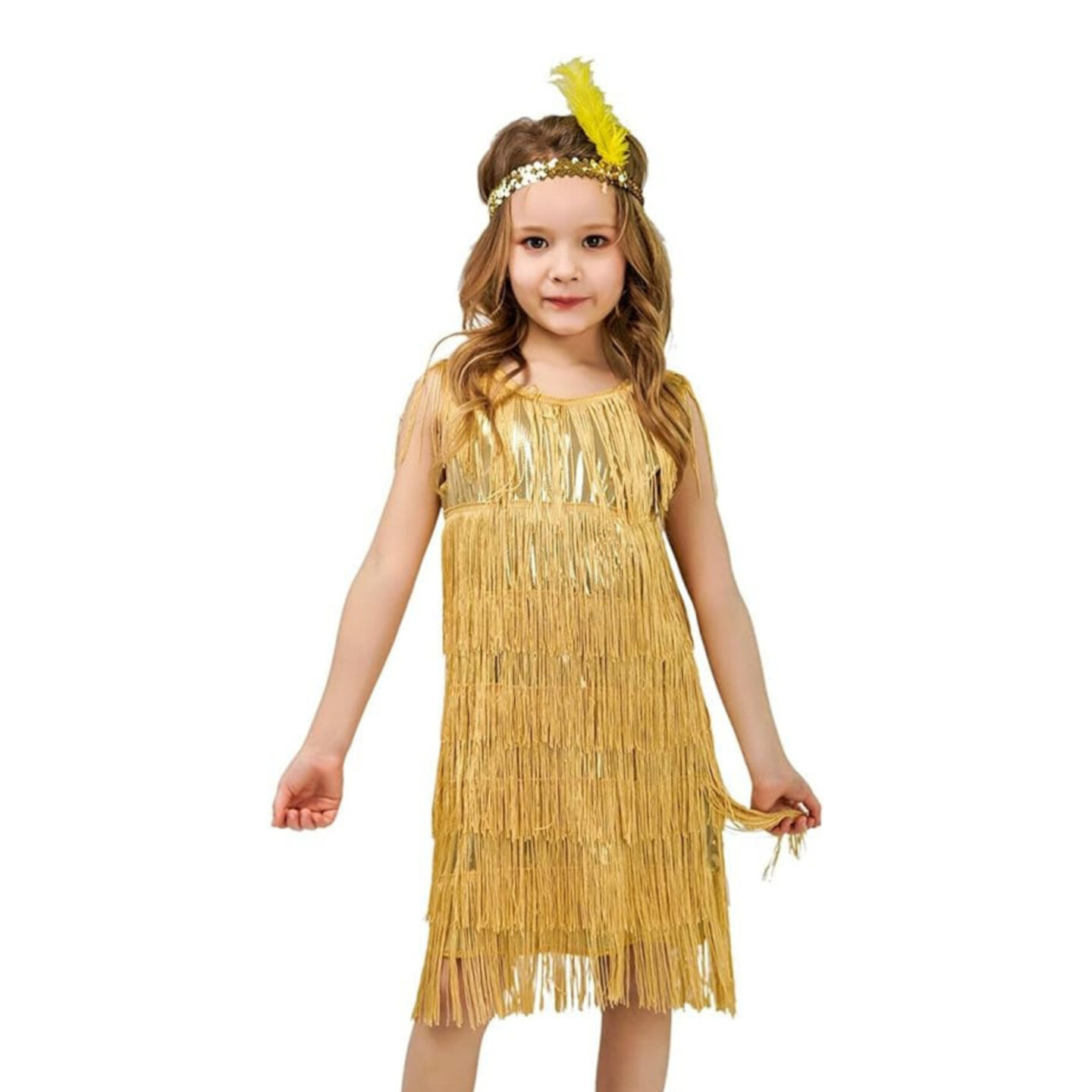 Young girl dressed in a gold fringe dress with a matching headband featuring a yellow feather, ideal for kids' Taylor Swift 'Eras Tour' outfits. This outfit captures the glitzy and fun style reminiscent of Taylor Swift's 'Fearless' era performances, perfect for young fans looking to emulate the star's iconic stage presence and sparkle.