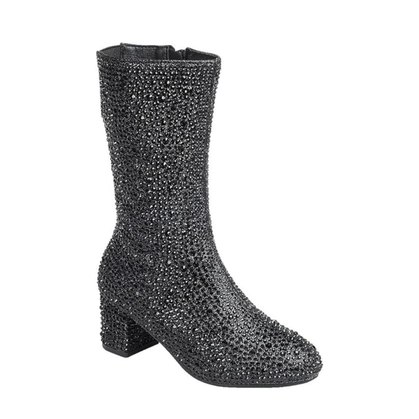 Stylish black glittery boots for kids, ideal for completing Taylor Swift 'Eras Tour' inspired outfits. These mid-calf boots feature sparkling embellishments and a block heel, perfect for young fans aiming to replicate the glamorous footwear Taylor Swift often wears during her performances, especially reminiscent of her 'Fearless' and '1989' era styles.