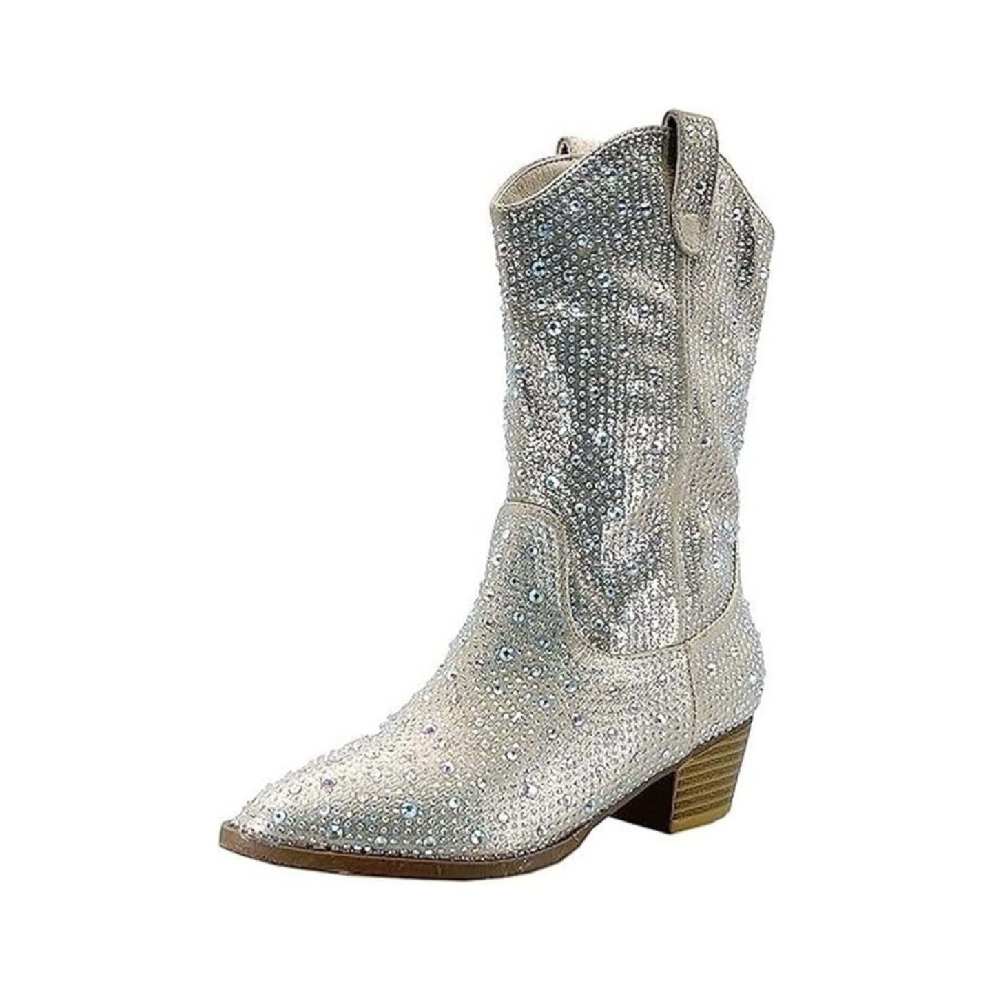 Sparkling silver cowboy boots for kids, perfect for Taylor Swift 'Eras Tour' inspired outfits. These mid-calf boots feature glittery embellishments and a classic cowboy style, ideal for young fans wanting to replicate Taylor Swift's iconic country-inspired looks from her 'Fearless' era performances.